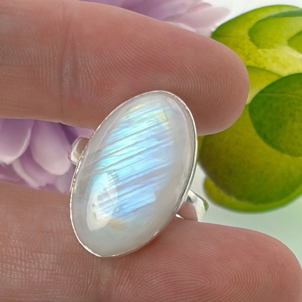 Rainbow Moonstone Ring Size 7 Pure Sterling Silver 925 Oval Boho New - Picture 4 of 12